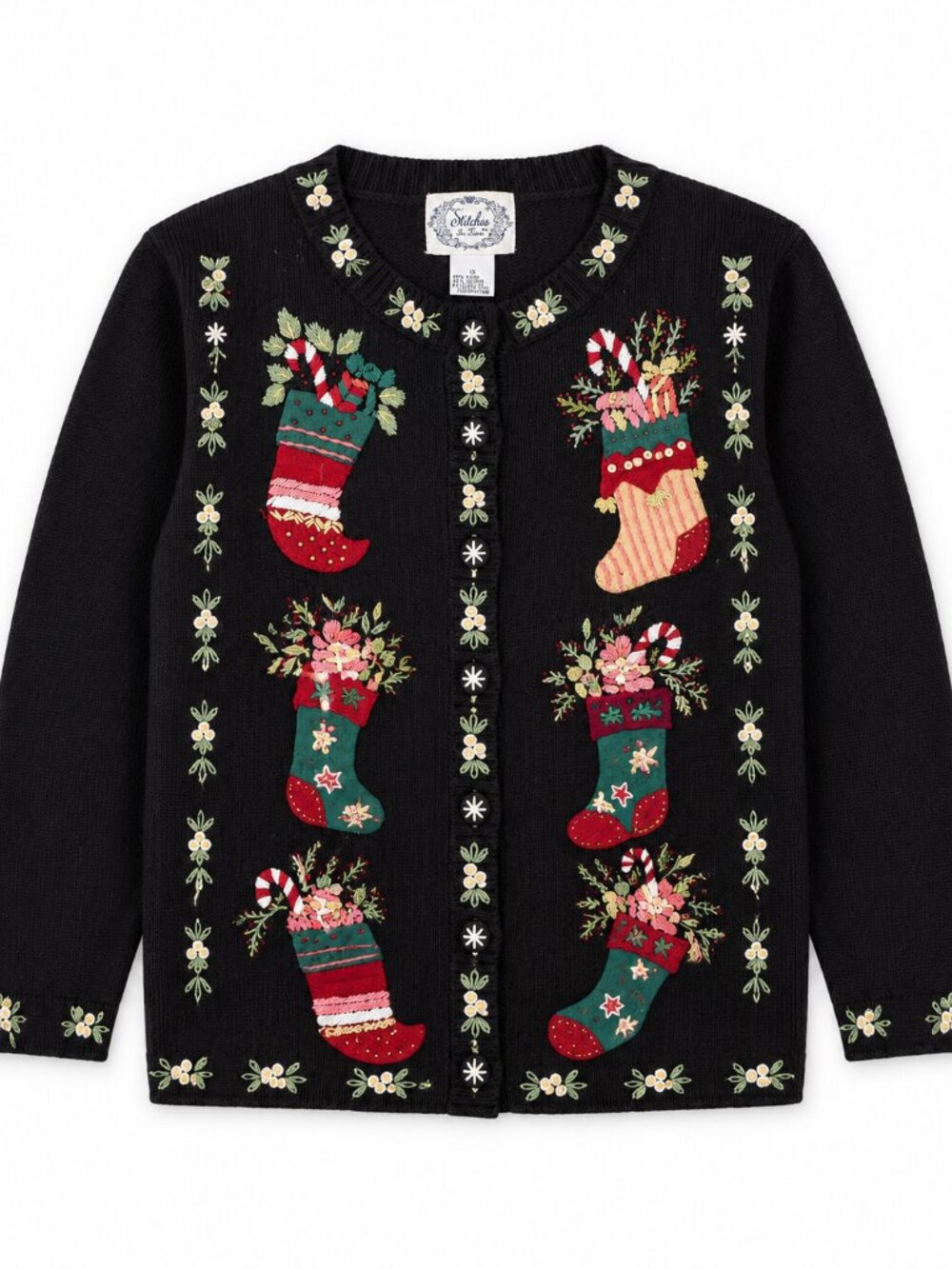 Vintage Stitches In Time Black Stocking Candy Cane Holly Beaded Knit Cardigan 1X